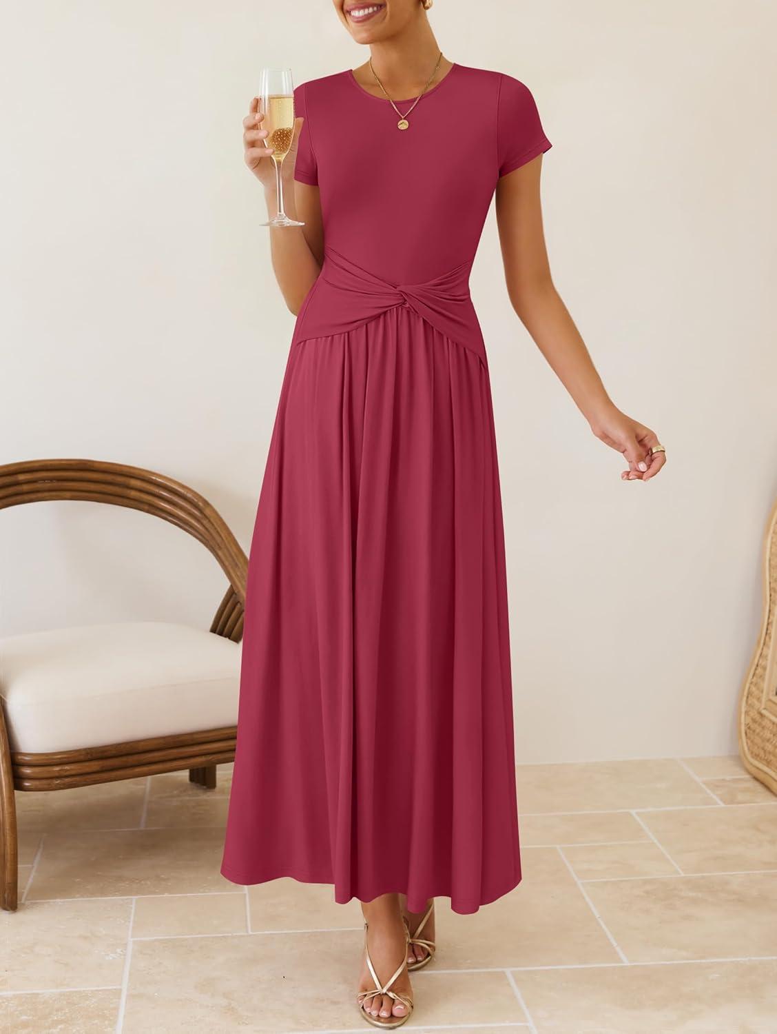 imageZESICA Womens 2026 Summer Short Sleeve Maxi Dresses Twist Front Wedding Guest Cocktail Flowy A Line Long DressRoseberry