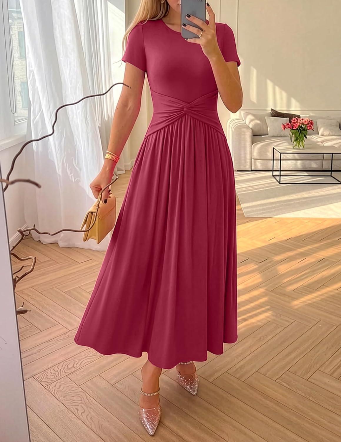 imageZESICA Womens 2026 Summer Short Sleeve Maxi Dresses Twist Front Wedding Guest Cocktail Flowy A Line Long DressRoseberry