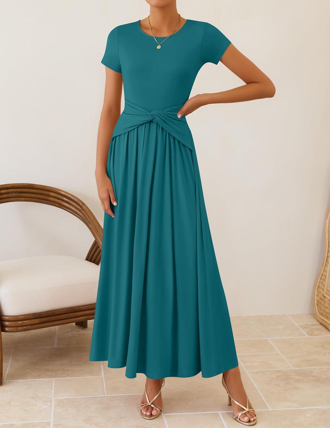 imageZESICA Womens 2026 Summer Short Sleeve Maxi Dresses Twist Front Wedding Guest Cocktail Flowy A Line Long DressTeal