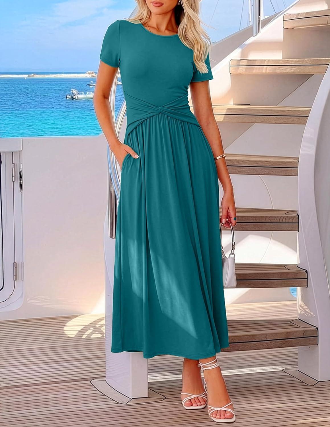imageZESICA Womens 2026 Summer Short Sleeve Maxi Dresses Twist Front Wedding Guest Cocktail Flowy A Line Long DressTeal