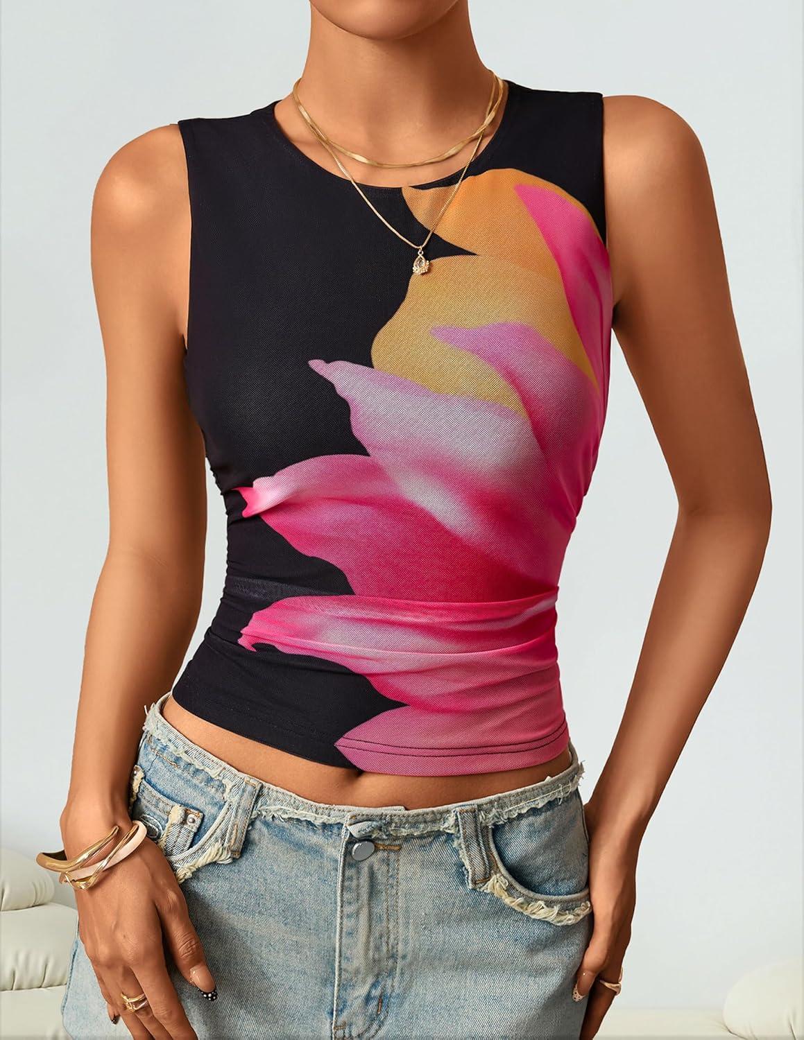 imageZESICA Womens 2026 Summer Sleeveless Floral Tank Tops Mesh Y2K Crop Going Out Outfits Beach Vacation Trendy ClothesBlack