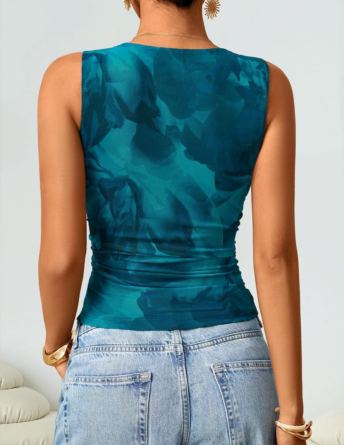 imageZESICA Womens 2026 Summer Sleeveless Floral Tank Tops Mesh Y2K Crop Going Out Outfits Beach Vacation Trendy ClothesBlue