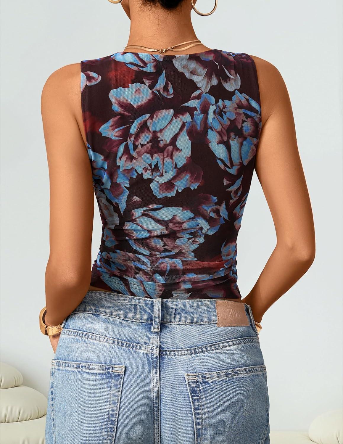 imageZESICA Womens 2026 Summer Sleeveless Floral Tank Tops Mesh Y2K Crop Going Out Outfits Beach Vacation Trendy ClothesCoffee