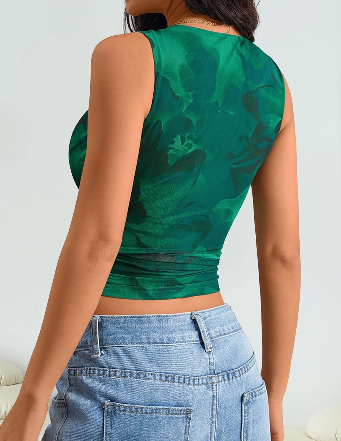 imageZESICA Womens 2026 Summer Sleeveless Floral Tank Tops Mesh Y2K Crop Going Out Outfits Beach Vacation Trendy ClothesGreen