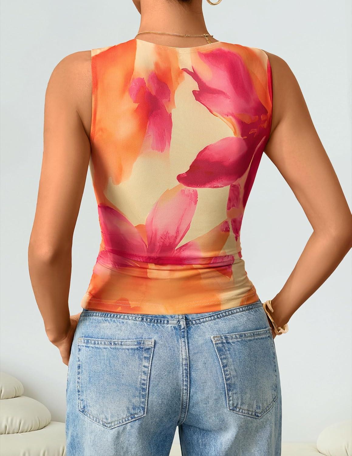 imageZESICA Womens 2026 Summer Sleeveless Floral Tank Tops Mesh Y2K Crop Going Out Outfits Beach Vacation Trendy ClothesOrange