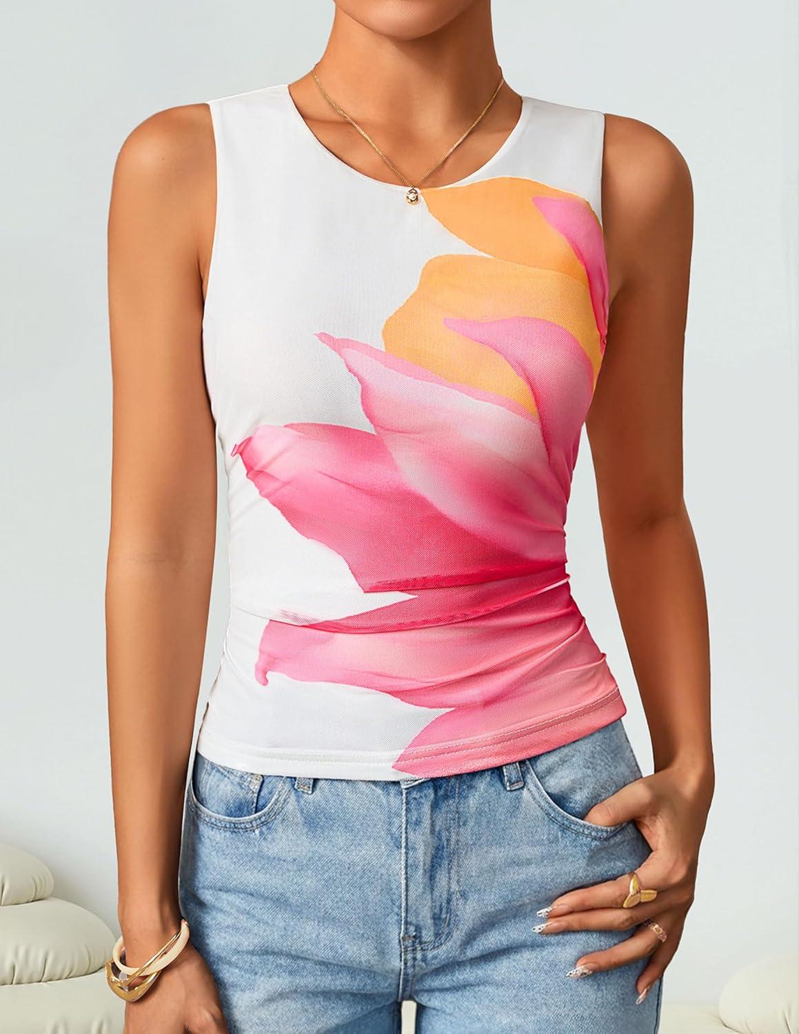 imageZESICA Womens 2026 Summer Sleeveless Floral Tank Tops Mesh Y2K Crop Going Out Outfits Beach Vacation Trendy ClothesWhite