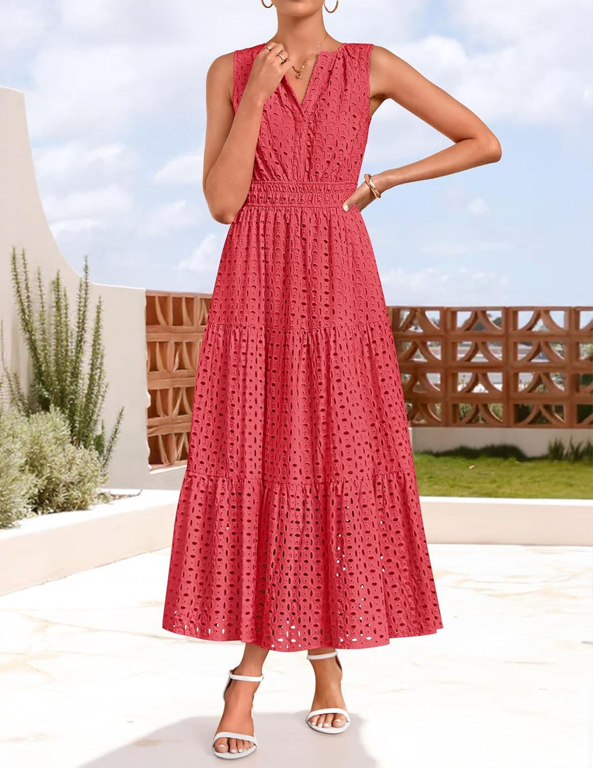 imageZESICA Womens 2026 Summer Sleeveless Maxi Dress Casual V Neck Hollow Out Eyelet A Line Flowy Party Long Dresses