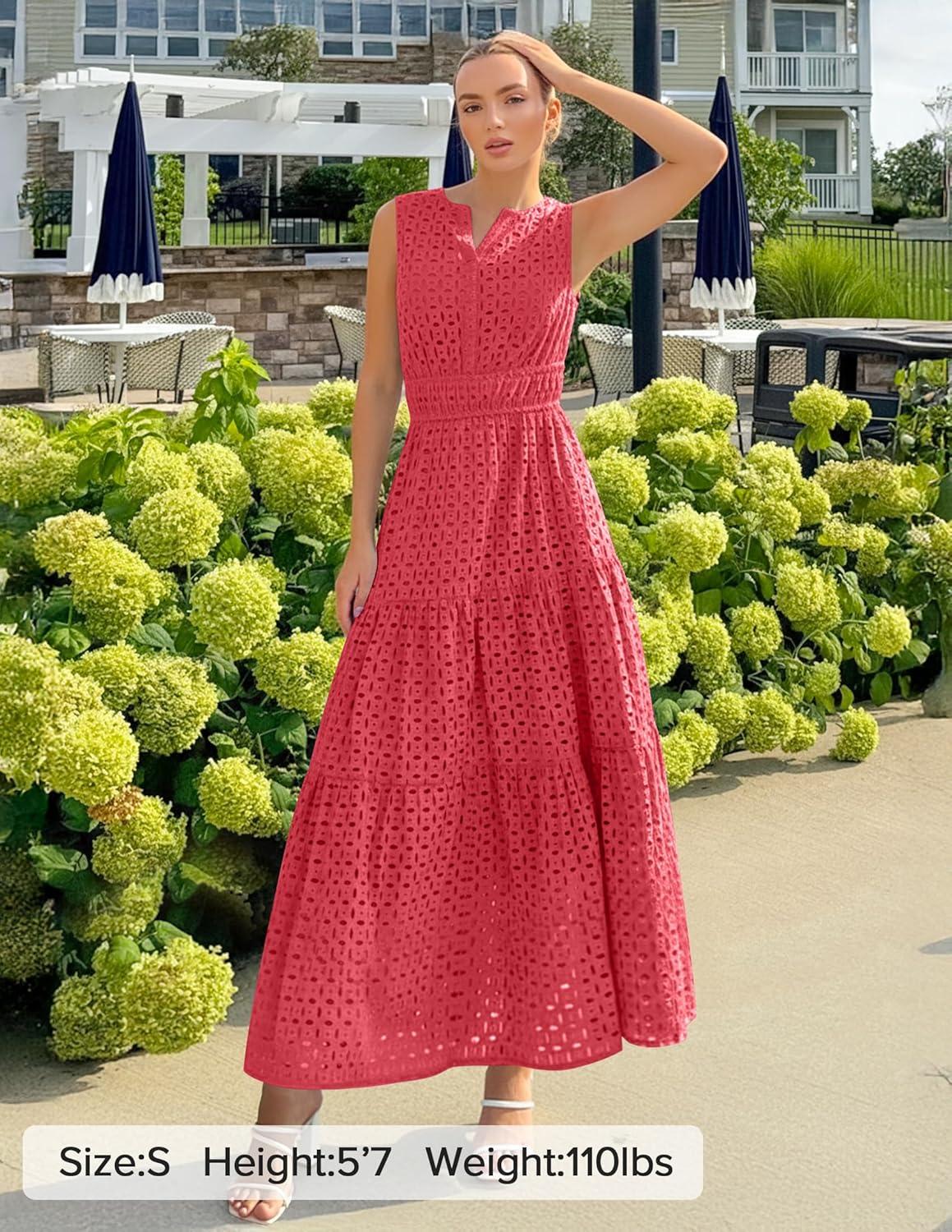 imageZESICA Womens 2026 Summer Sleeveless Maxi Dress Casual V Neck Hollow Out Eyelet A Line Flowy Party Long Dresses