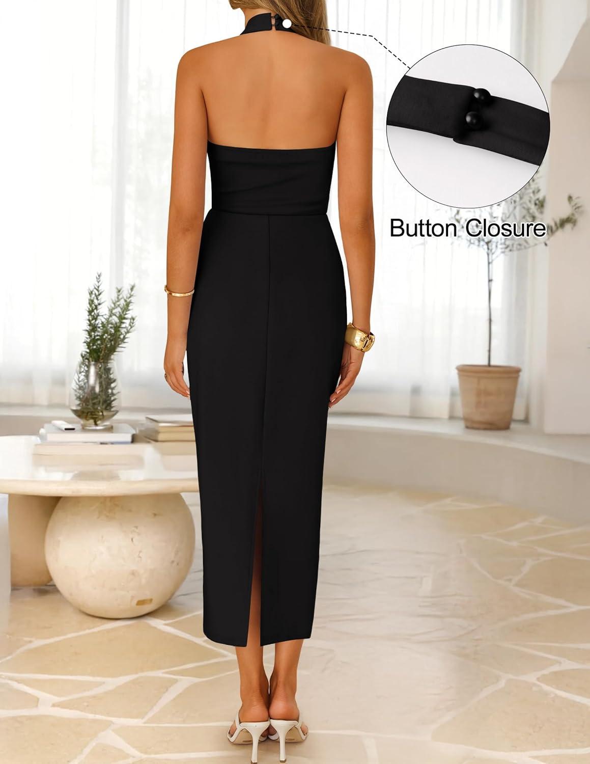 imageZESICA Womens 2026 Summer Sleeveless Midi Dress Halter Neck Backless Wedding Guest Cocktail Party Bodycon Long DressesBlack