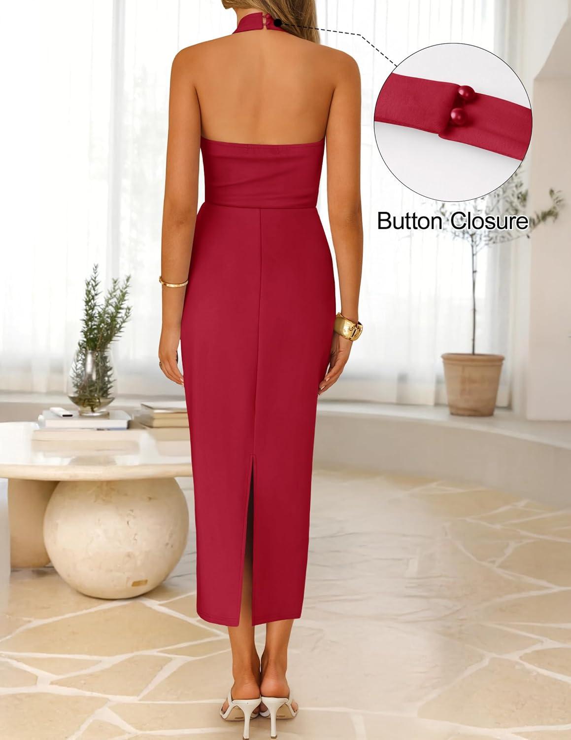 imageZESICA Womens 2026 Summer Sleeveless Midi Dress Halter Neck Backless Wedding Guest Cocktail Party Bodycon Long DressesRed
