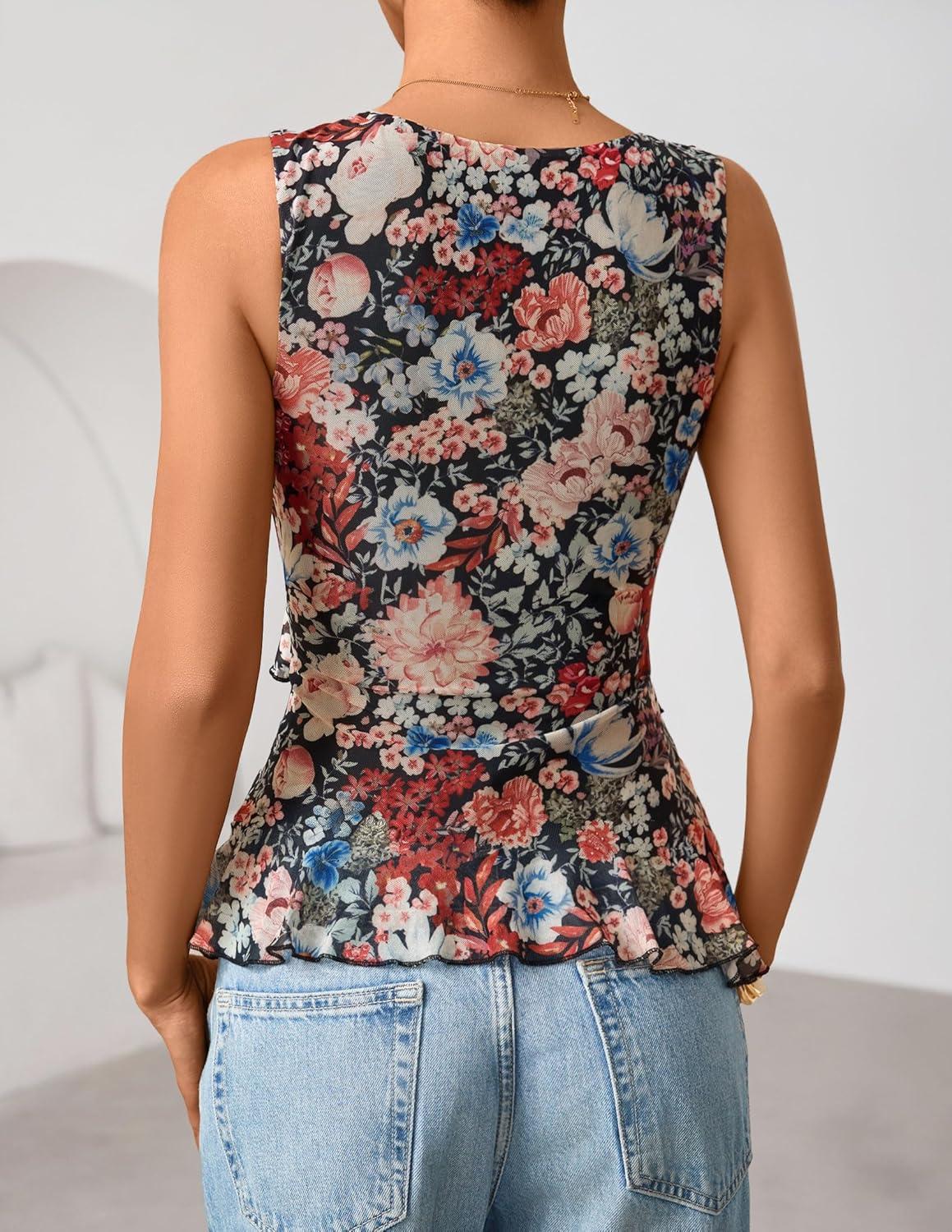 imageZESICA Womens 2026 Summer Sleeveless V Neck Floral Ruffle Tops Casual Mesh Going Out Shirts Blouse Fashion ClothesBlack