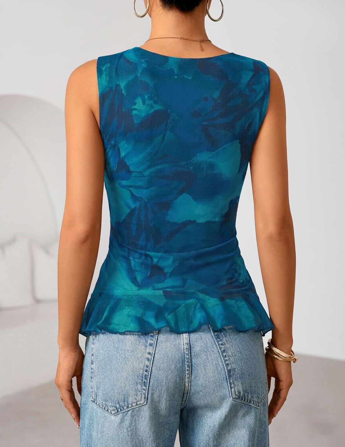imageZESICA Womens 2026 Summer Sleeveless V Neck Floral Ruffle Tops Casual Mesh Going Out Shirts Blouse Fashion ClothesBlue
