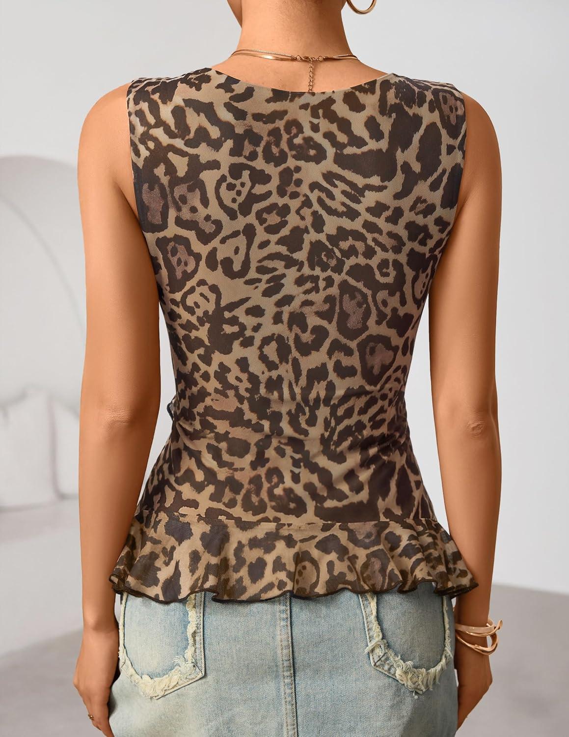 imageZESICA Womens 2026 Summer Sleeveless V Neck Floral Ruffle Tops Casual Mesh Going Out Shirts Blouse Fashion ClothesLeopard