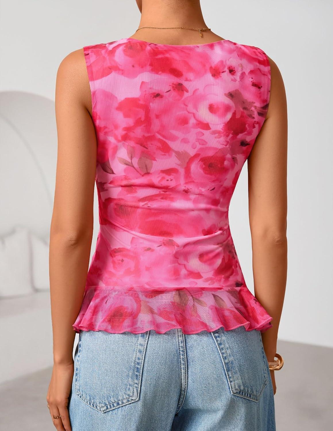 imageZESICA Womens 2026 Summer Sleeveless V Neck Floral Ruffle Tops Casual Mesh Going Out Shirts Blouse Fashion ClothesRose