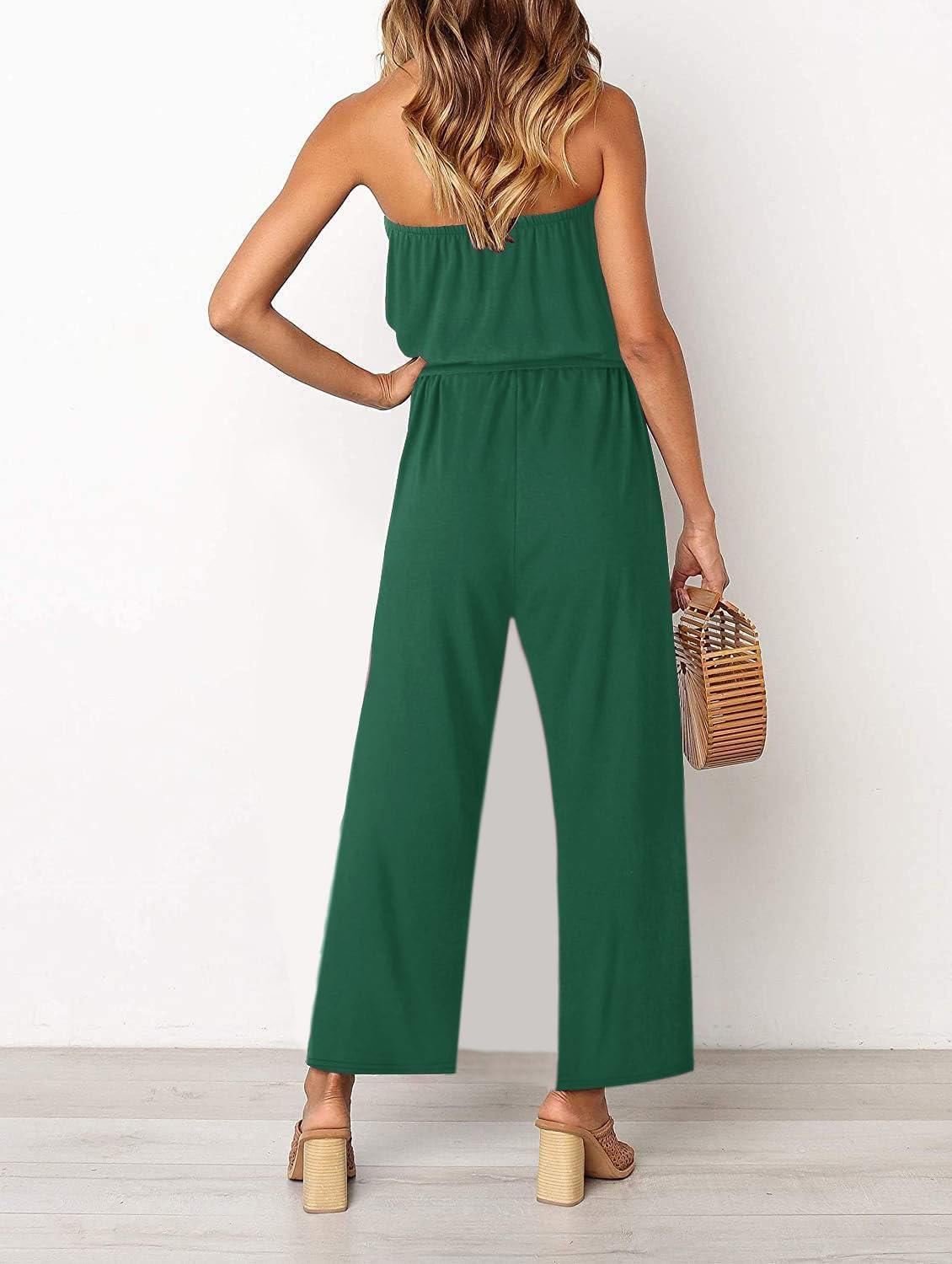 imageZESICA Womens Casual Off Shoulder Solid Color Strapless Belted Wide Leg Jumpsuit RomperGreen
