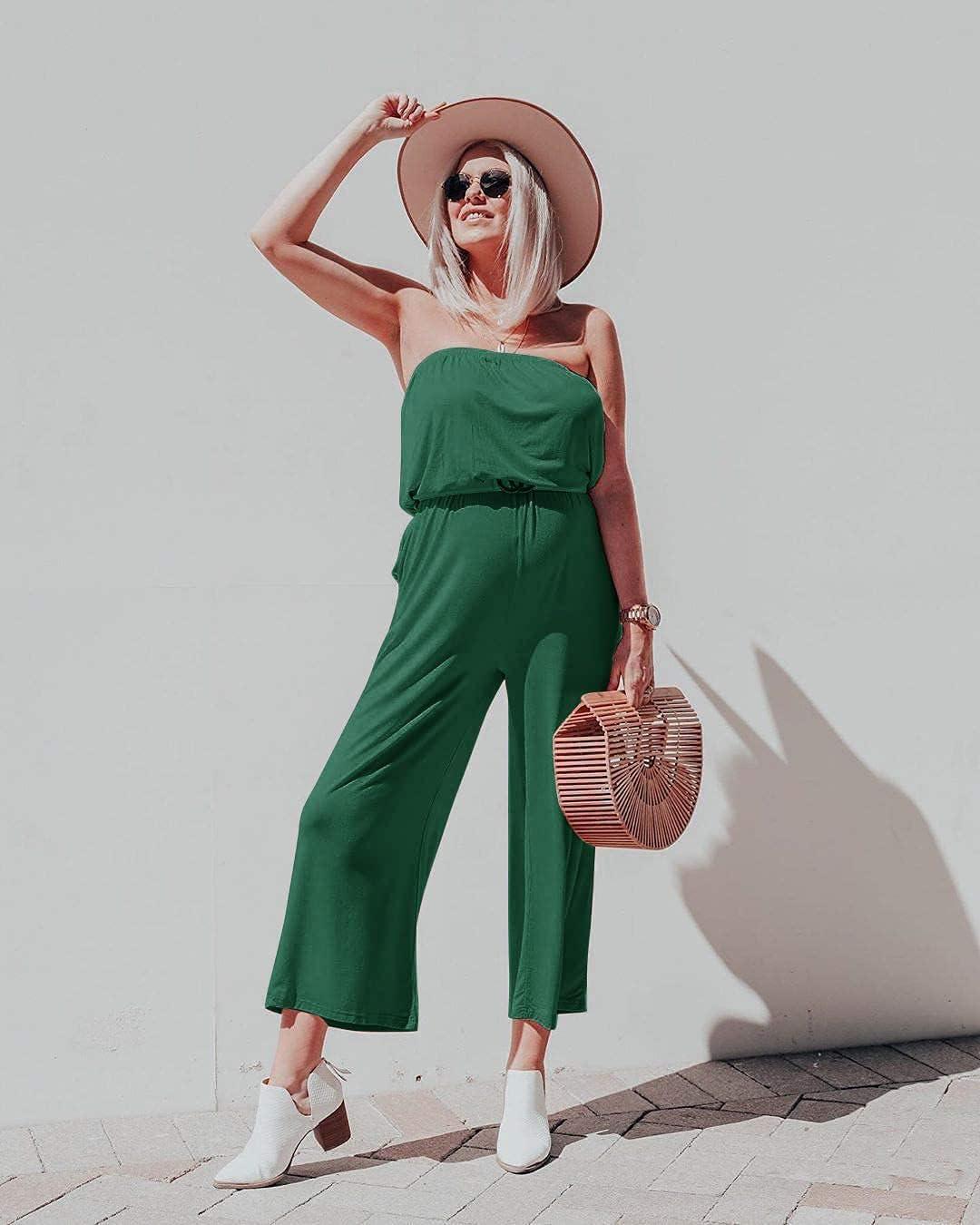 imageZESICA Womens Casual Off Shoulder Solid Color Strapless Belted Wide Leg Jumpsuit RomperGreen