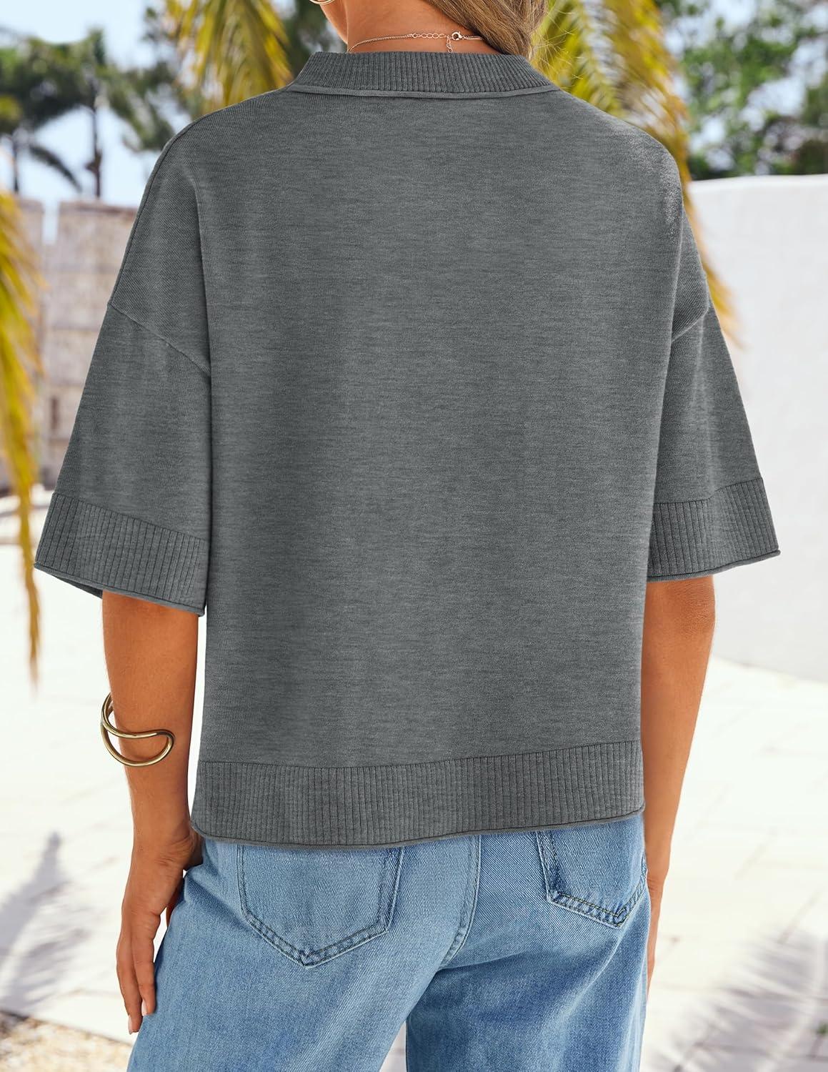 imageZESICA Womens Casual Short Sleeve Sweaters 2026 Summer Oversized Crewneck Soft Knit Cropped Tops Trendy OutfitsDarkgrey
