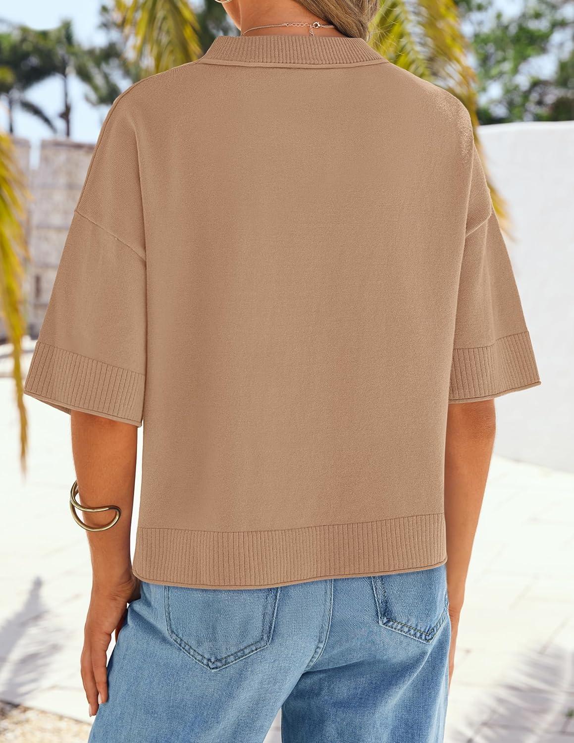 imageZESICA Womens Casual Short Sleeve Sweaters 2026 Summer Oversized Crewneck Soft Knit Cropped Tops Trendy OutfitsToffee