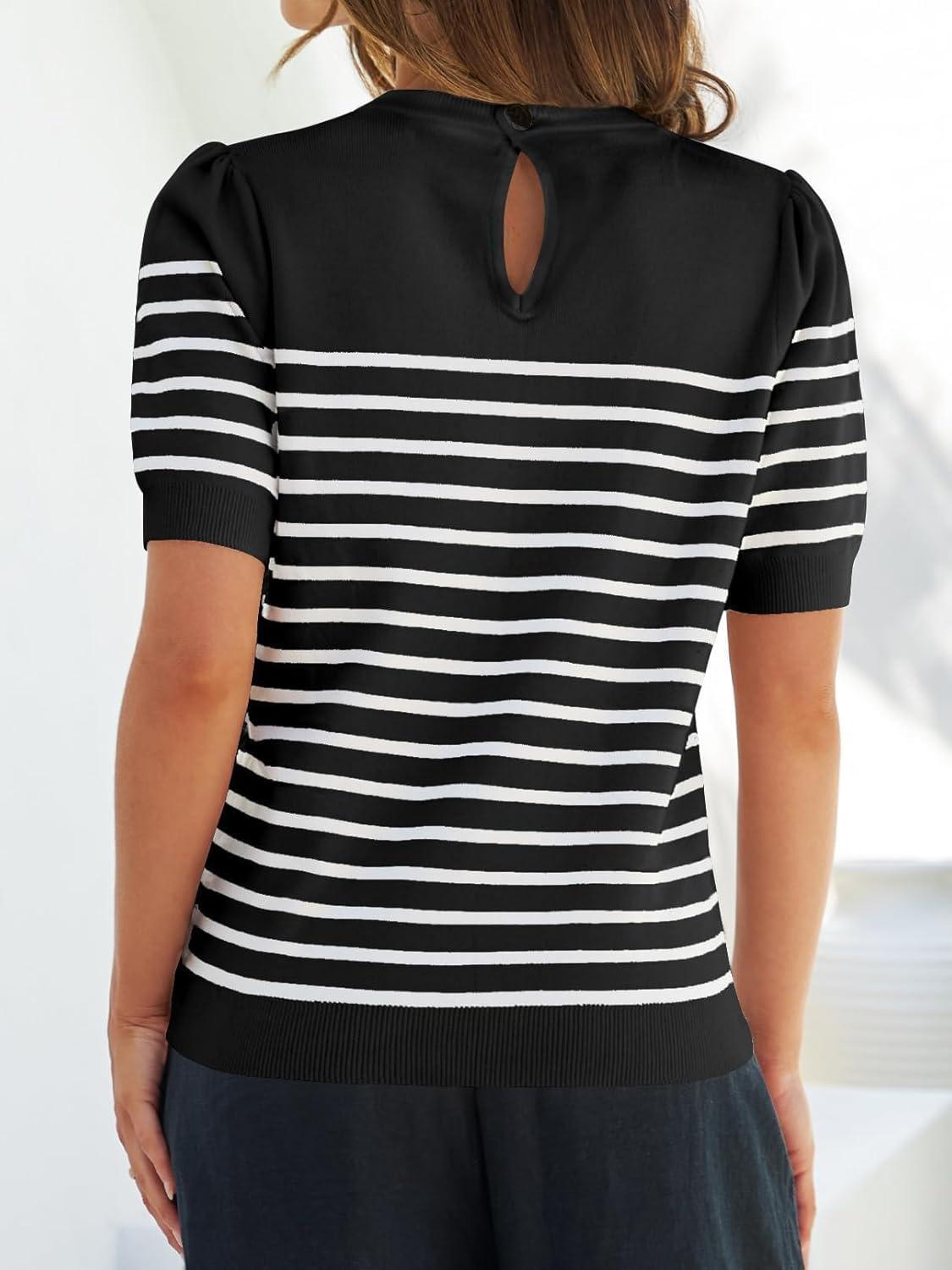 imageZESICA Womens Casual Striped Tops Short Sleeve Crew Neck Ribbed Knit T Shirts Comfy Loose Basic Pullover SweaterBlack
