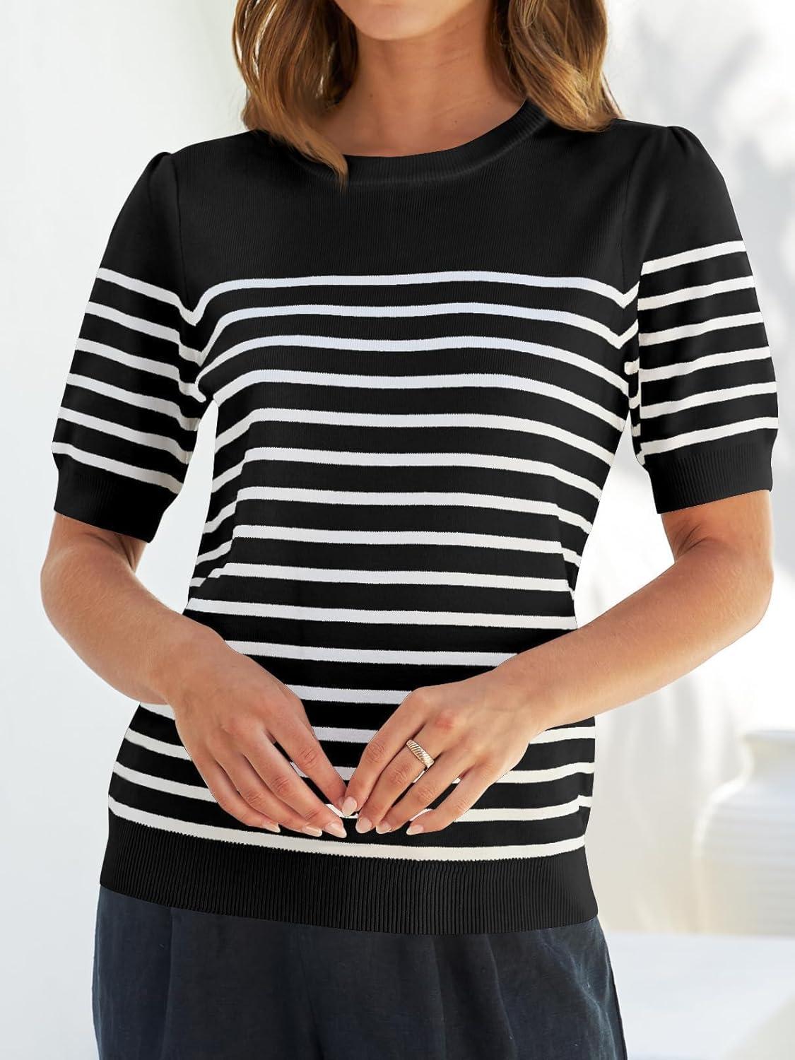 imageZESICA Womens Casual Striped Tops Short Sleeve Crew Neck Ribbed Knit T Shirts Comfy Loose Basic Pullover SweaterBlack