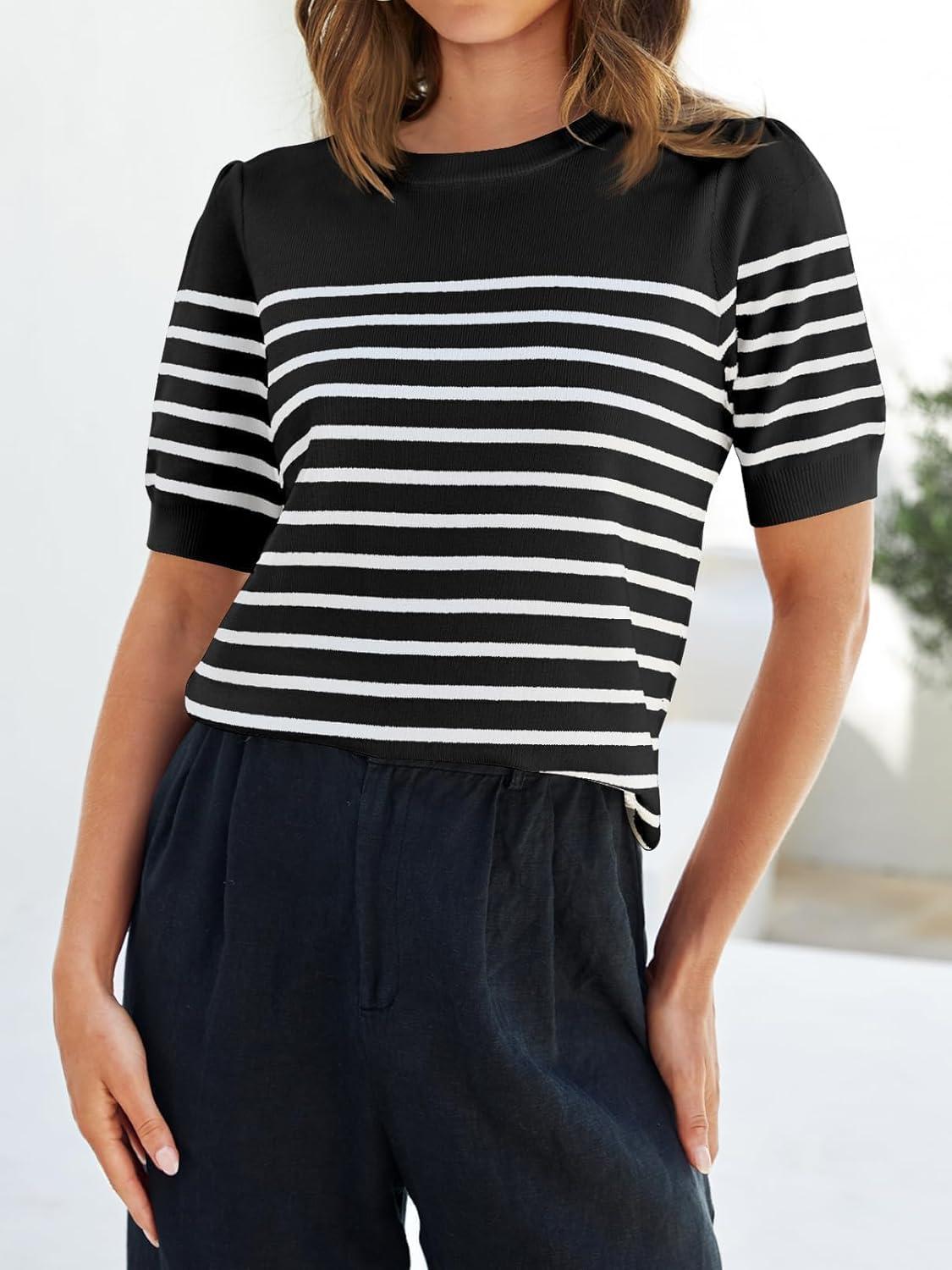 imageZESICA Womens Casual Striped Tops Short Sleeve Crew Neck Ribbed Knit T Shirts Comfy Loose Basic Pullover SweaterBlack