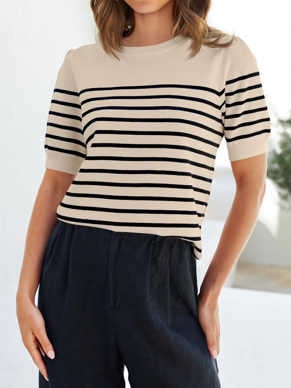 imageZESICA Womens Casual Striped Tops Short Sleeve Crew Neck Ribbed Knit T Shirts Comfy Loose Basic Pullover SweaterSand