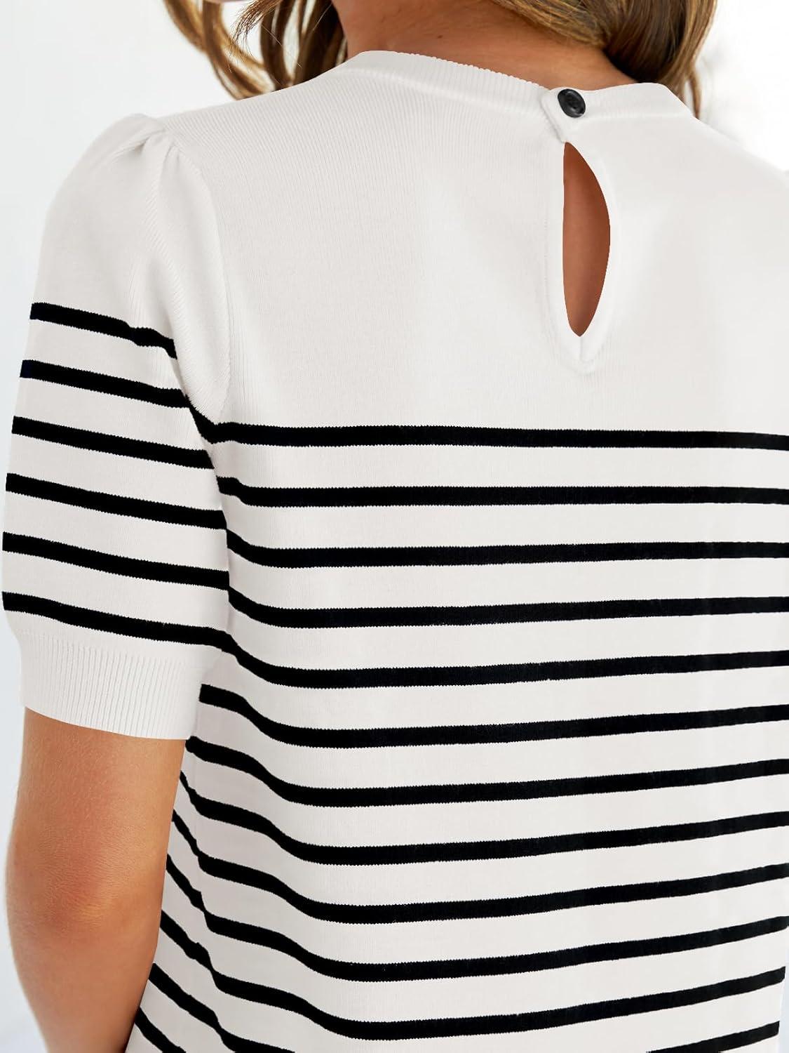 imageZESICA Womens Casual Striped Tops Short Sleeve Crew Neck Ribbed Knit T Shirts Comfy Loose Basic Pullover SweaterWhite