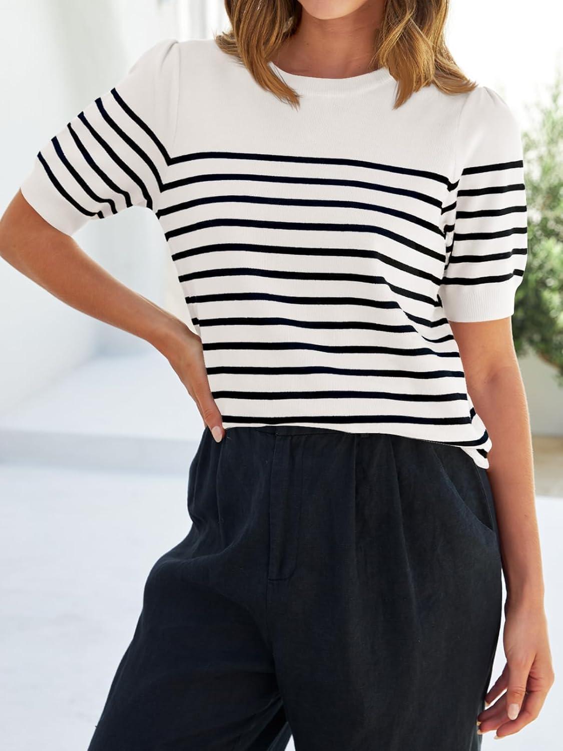 imageZESICA Womens Casual Striped Tops Short Sleeve Crew Neck Ribbed Knit T Shirts Comfy Loose Basic Pullover SweaterWhite