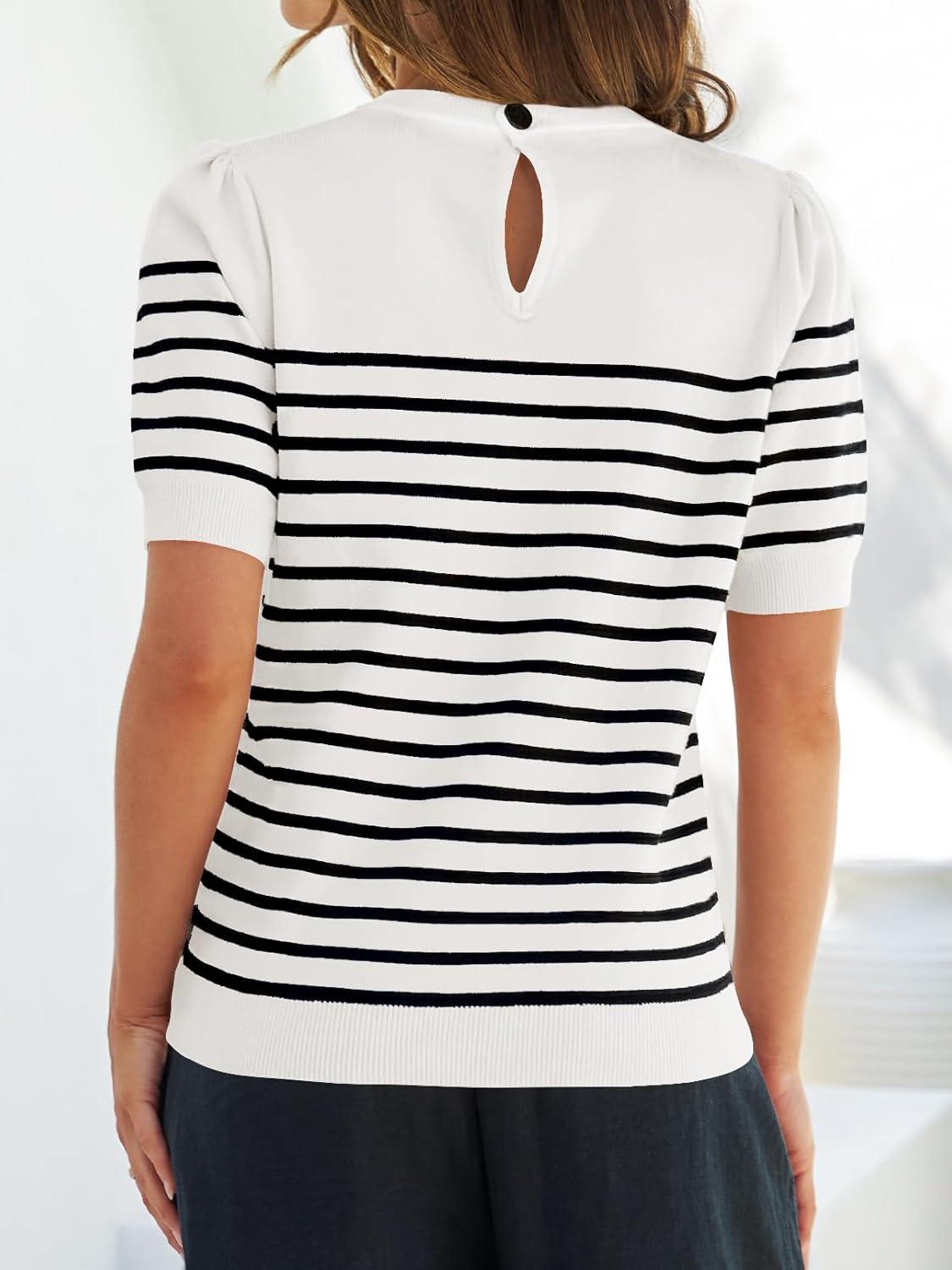 imageZESICA Womens Casual Striped Tops Short Sleeve Crew Neck Ribbed Knit T Shirts Comfy Loose Basic Pullover SweaterWhite