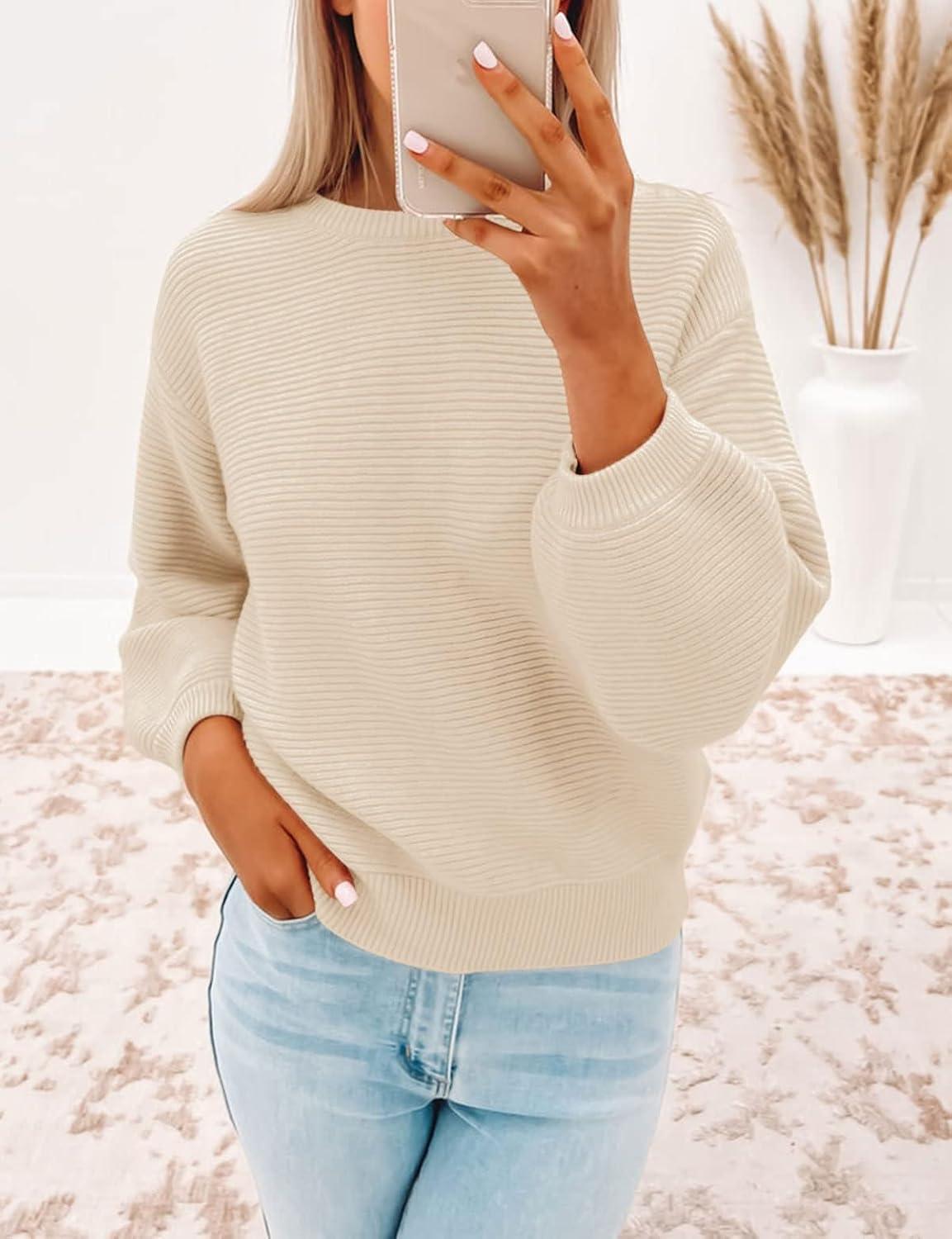 imageZESICA Womens Crew Neck Long Lantern Sleeve Fall 2026 Casual Loose Ribbed Knit Solid Soft Pullover Sweater TopsApricot