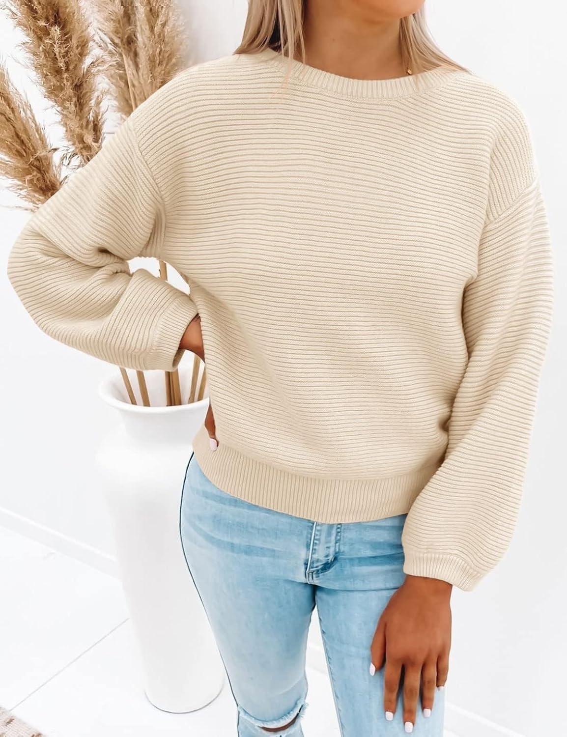 imageZESICA Womens Crew Neck Long Lantern Sleeve Fall 2026 Casual Loose Ribbed Knit Solid Soft Pullover Sweater TopsApricot