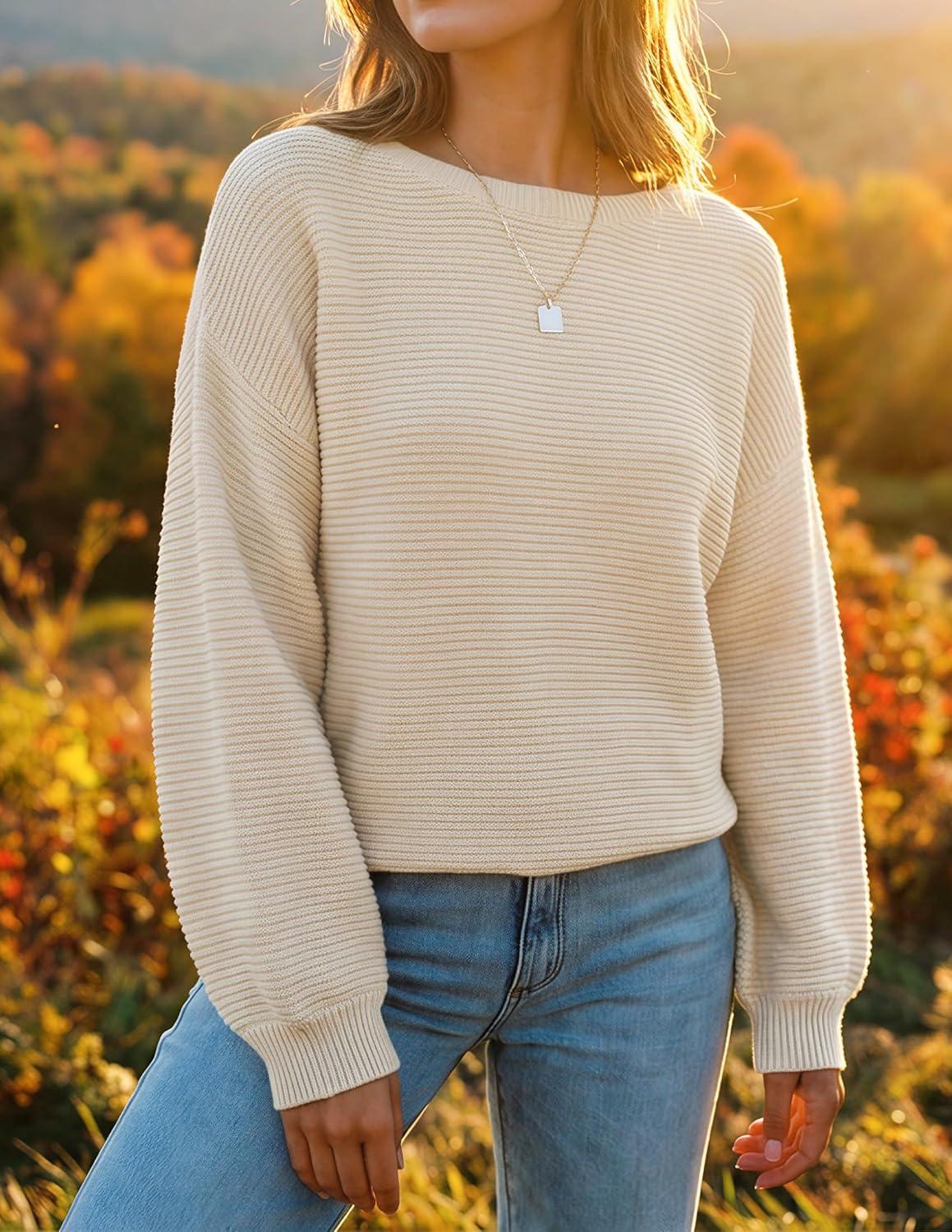 imageZESICA Womens Crew Neck Long Lantern Sleeve Fall 2026 Casual Loose Ribbed Knit Solid Soft Pullover Sweater TopsApricot