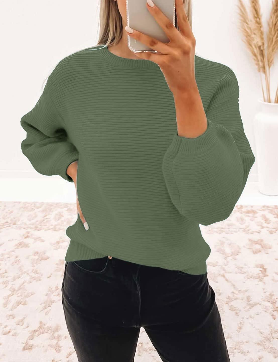 imageZESICA Womens Crew Neck Long Lantern Sleeve Fall 2026 Casual Loose Ribbed Knit Solid Soft Pullover Sweater TopsArmygreen