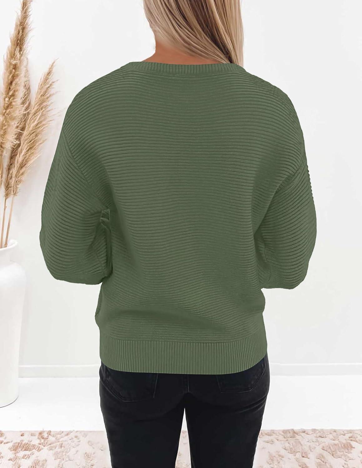 imageZESICA Womens Crew Neck Long Lantern Sleeve Fall 2026 Casual Loose Ribbed Knit Solid Soft Pullover Sweater TopsArmygreen