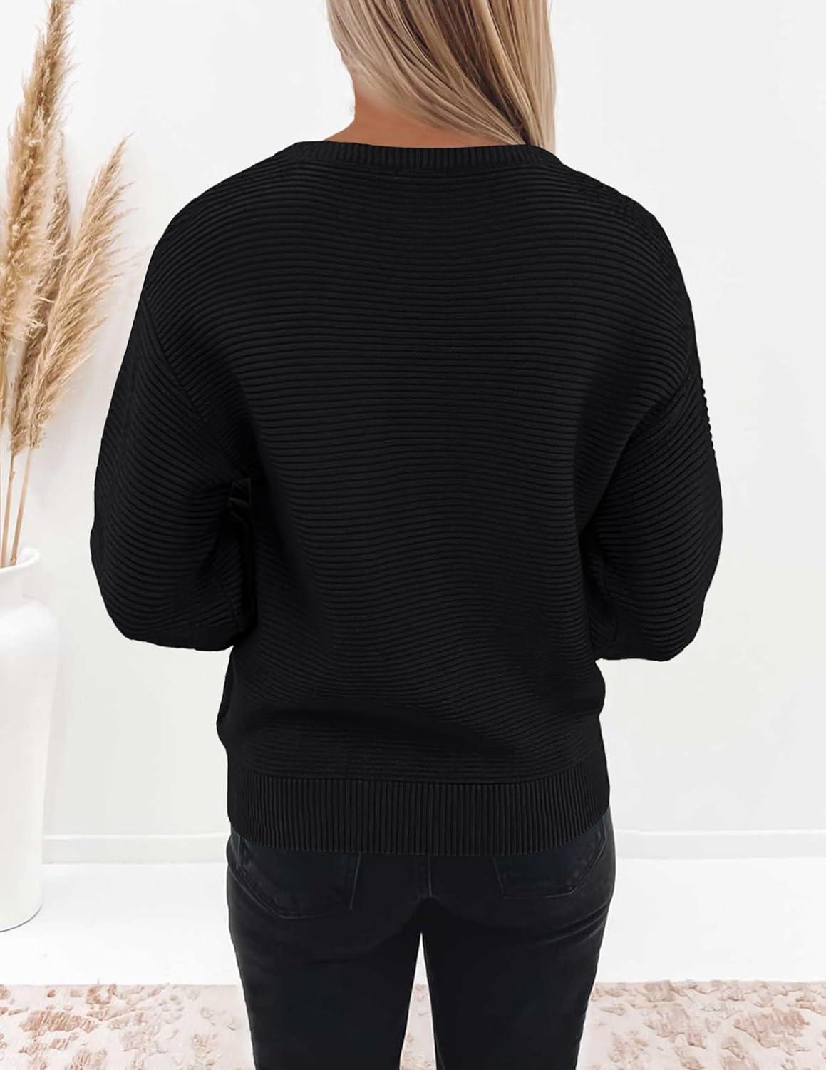 imageZESICA Womens Crew Neck Long Lantern Sleeve Fall 2026 Casual Loose Ribbed Knit Solid Soft Pullover Sweater TopsBlack