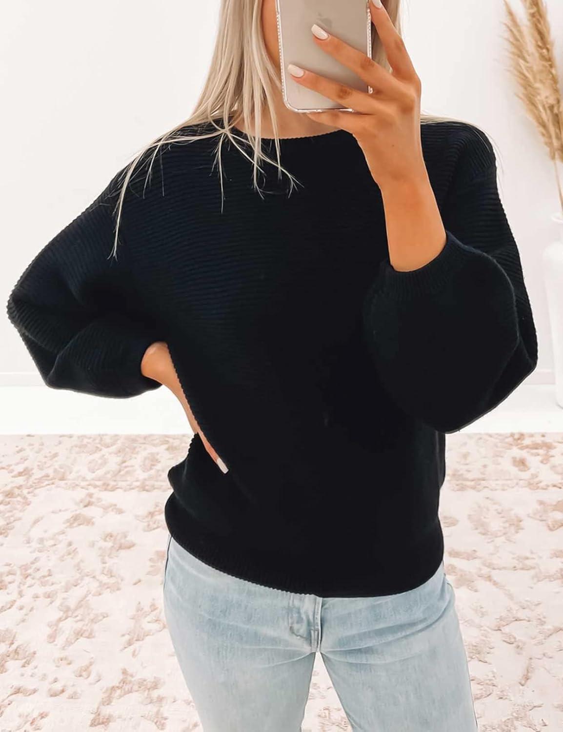 imageZESICA Womens Crew Neck Long Lantern Sleeve Fall 2026 Casual Loose Ribbed Knit Solid Soft Pullover Sweater TopsBlack