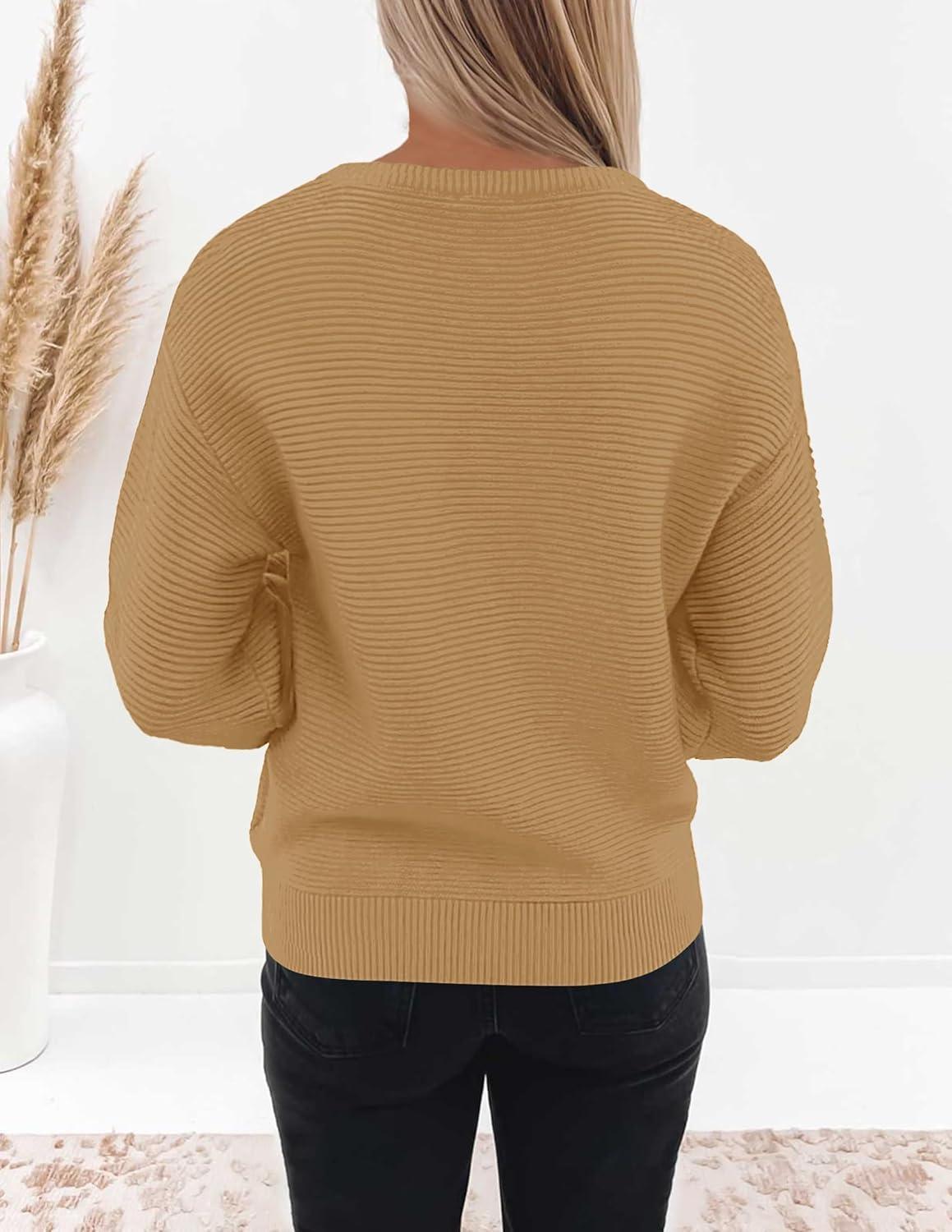 imageZESICA Womens Crew Neck Long Lantern Sleeve Fall 2026 Casual Loose Ribbed Knit Solid Soft Pullover Sweater TopsCamel