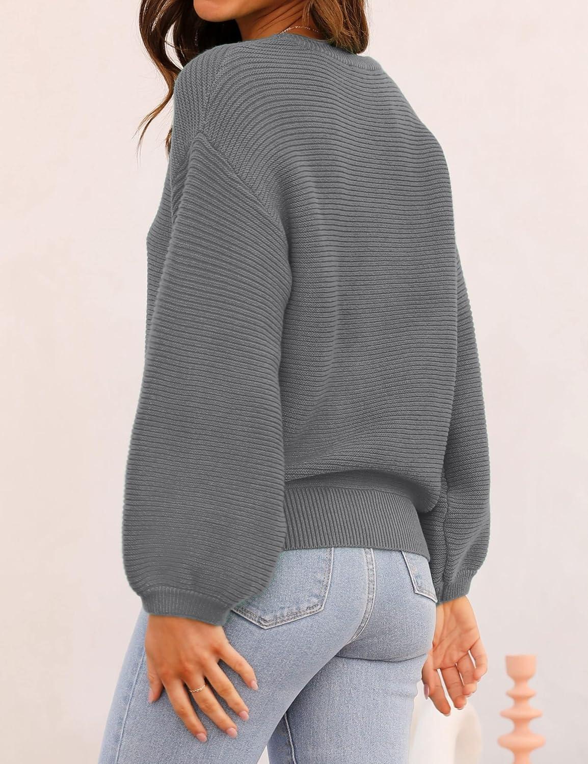 imageZESICA Womens Crew Neck Long Lantern Sleeve Fall 2026 Casual Loose Ribbed Knit Solid Soft Pullover Sweater TopsDarkgrey