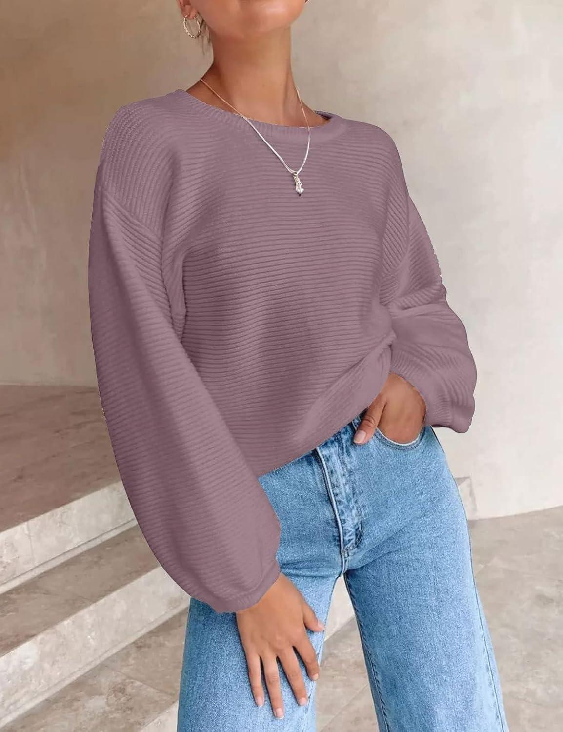 imageZESICA Womens Crew Neck Long Lantern Sleeve Fall 2026 Casual Loose Ribbed Knit Solid Soft Pullover Sweater TopsDarkviolet