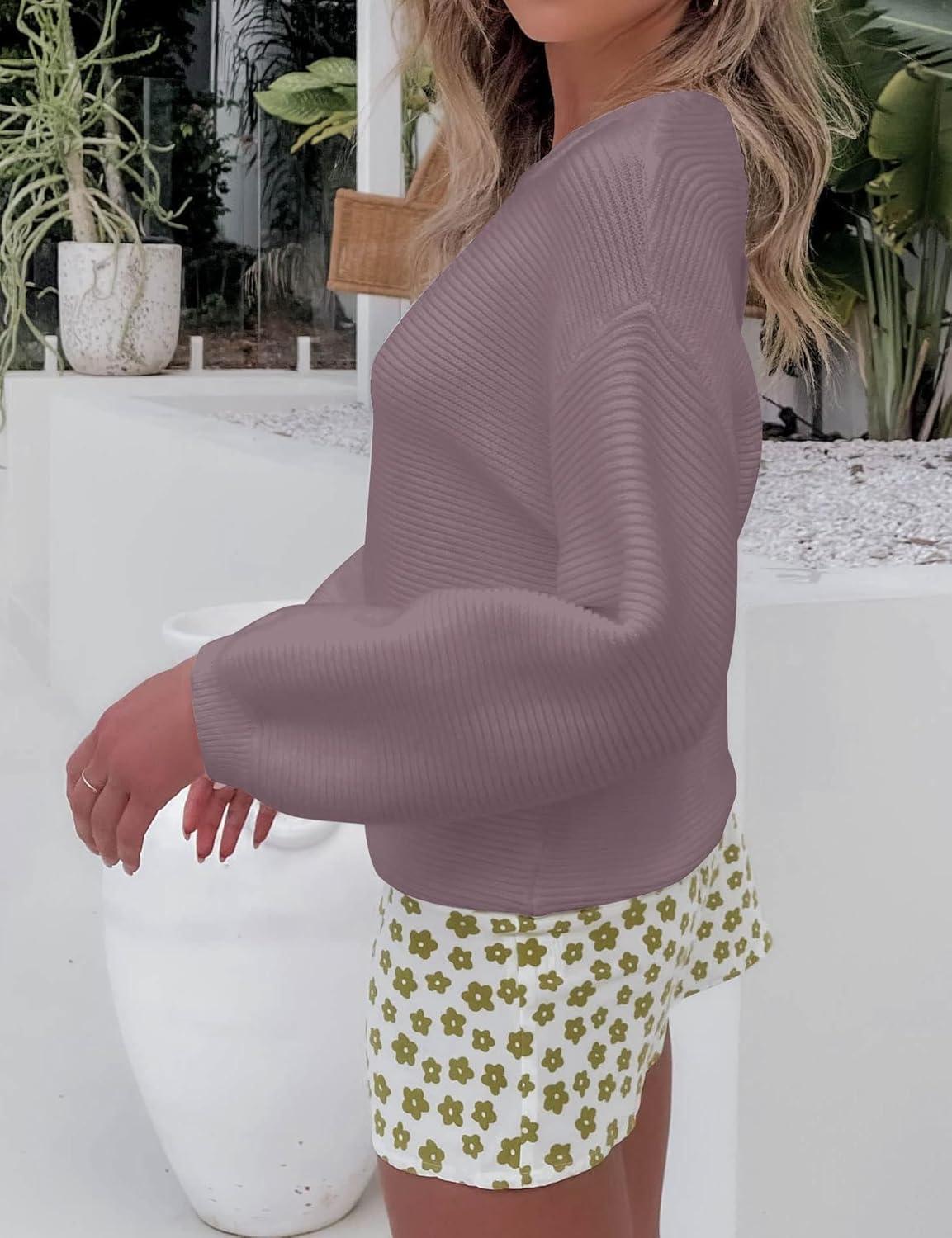 imageZESICA Womens Crew Neck Long Lantern Sleeve Fall 2026 Casual Loose Ribbed Knit Solid Soft Pullover Sweater TopsDarkviolet