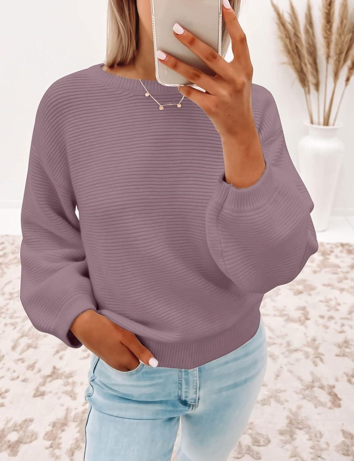 imageZESICA Womens Crew Neck Long Lantern Sleeve Fall 2026 Casual Loose Ribbed Knit Solid Soft Pullover Sweater TopsDarkviolet