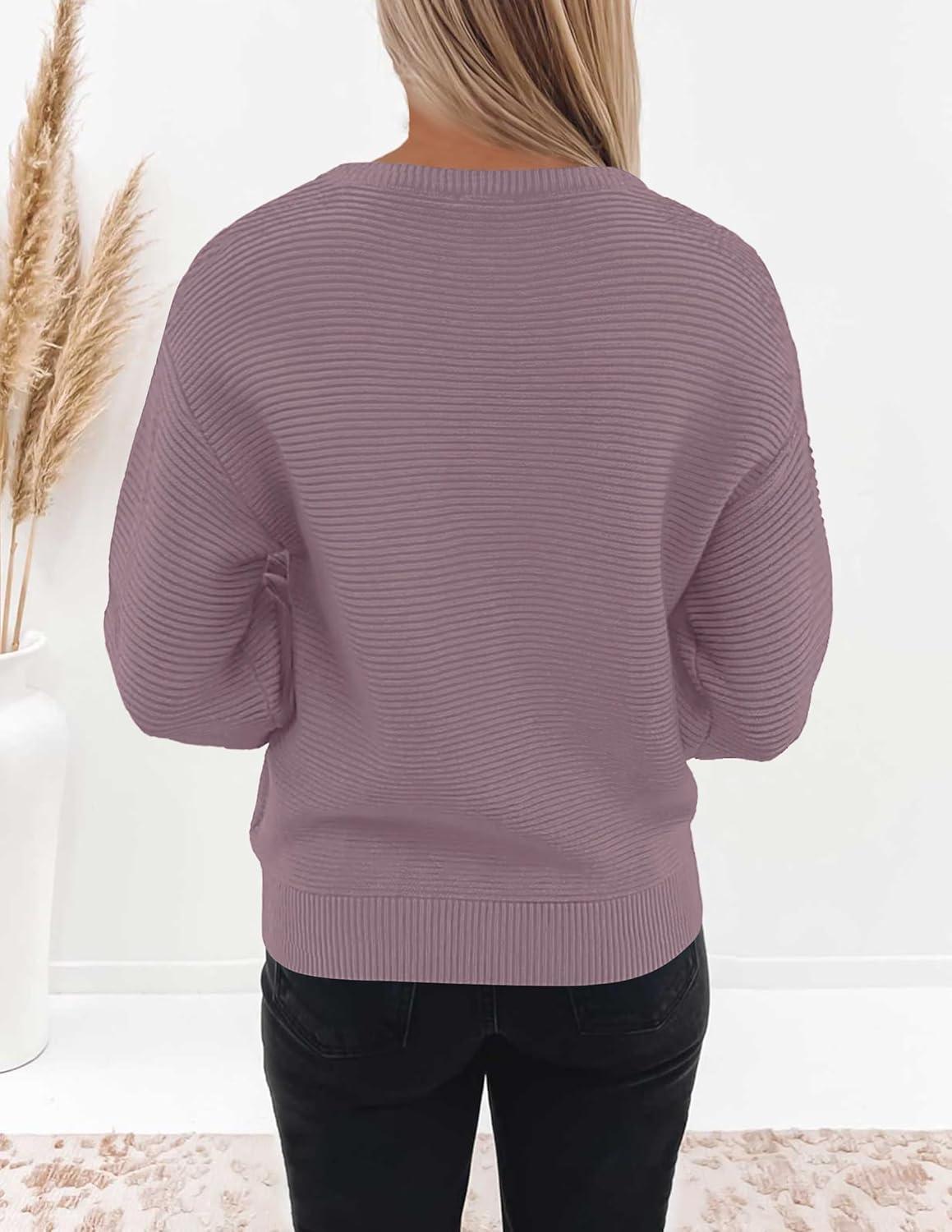 imageZESICA Womens Crew Neck Long Lantern Sleeve Fall 2026 Casual Loose Ribbed Knit Solid Soft Pullover Sweater TopsDarkviolet
