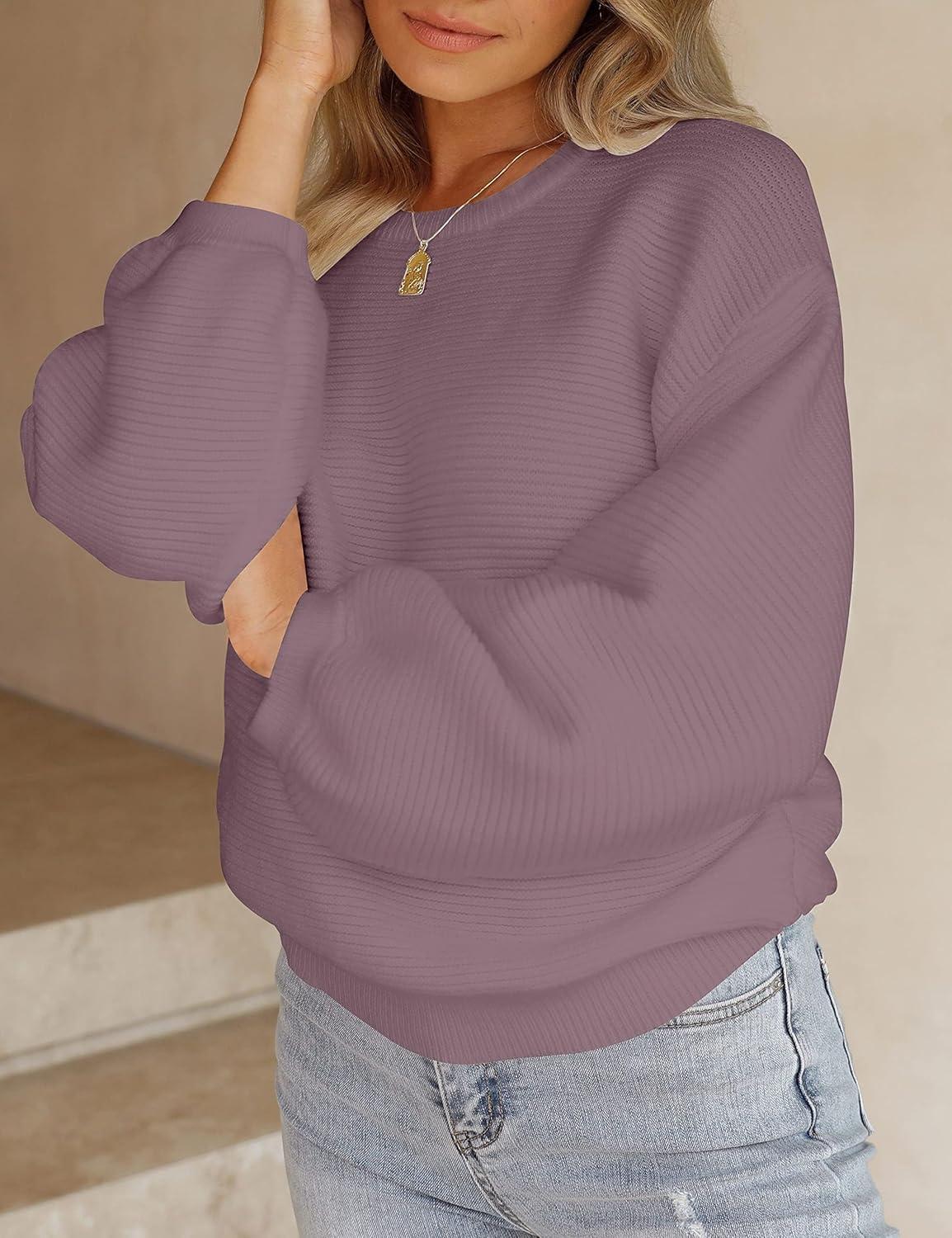 imageZESICA Womens Crew Neck Long Lantern Sleeve Fall 2026 Casual Loose Ribbed Knit Solid Soft Pullover Sweater TopsDarkviolet