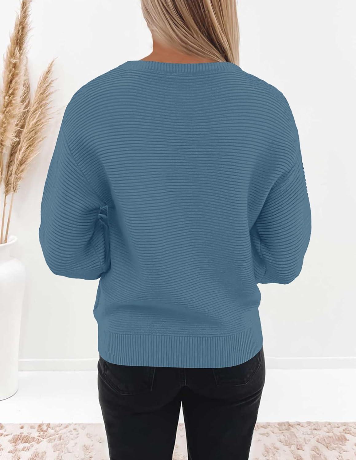 imageZESICA Womens Crew Neck Long Lantern Sleeve Fall 2026 Casual Loose Ribbed Knit Solid Soft Pullover Sweater TopsDustyblue