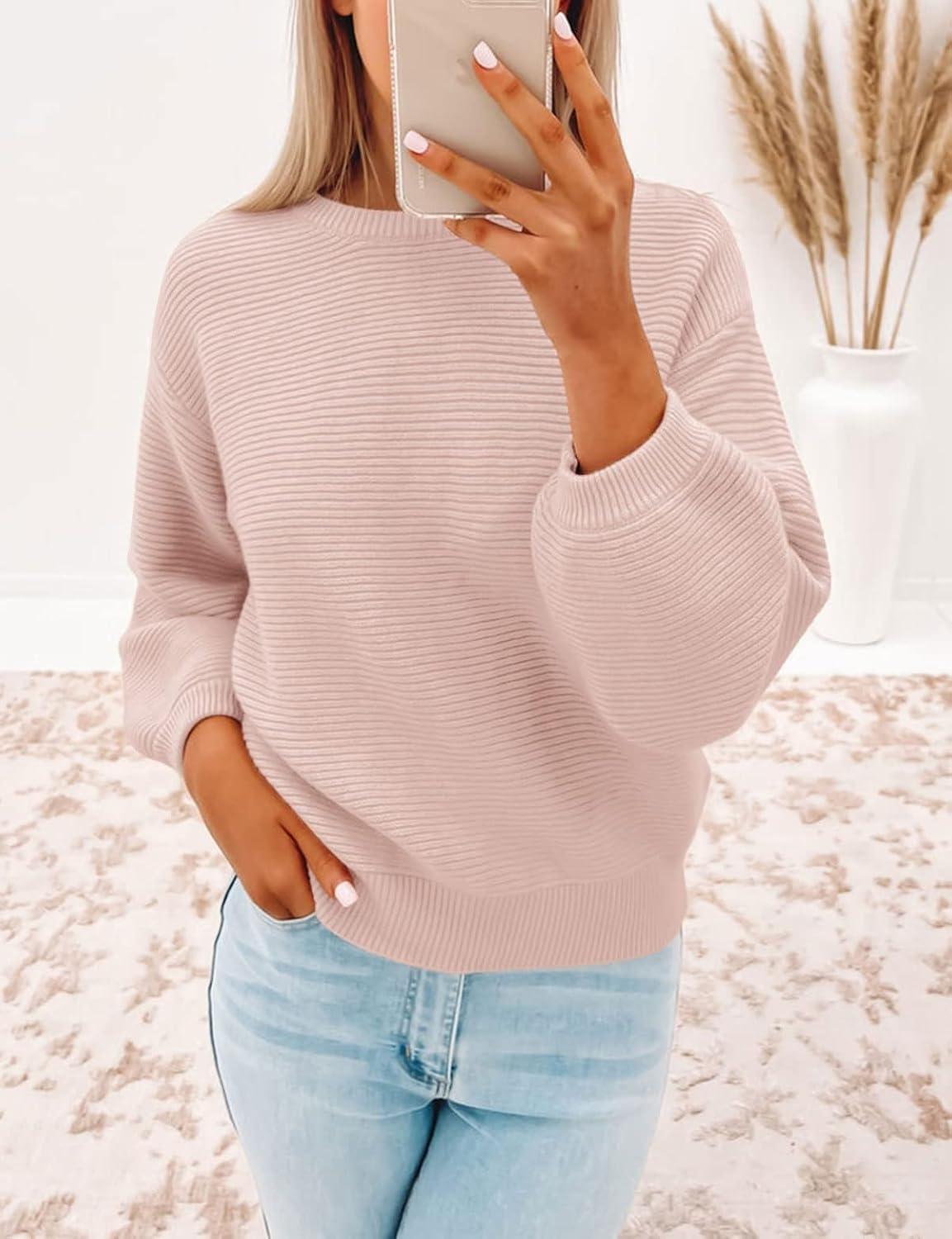 imageZESICA Womens Crew Neck Long Lantern Sleeve Fall 2026 Casual Loose Ribbed Knit Solid Soft Pullover Sweater TopsDustypink