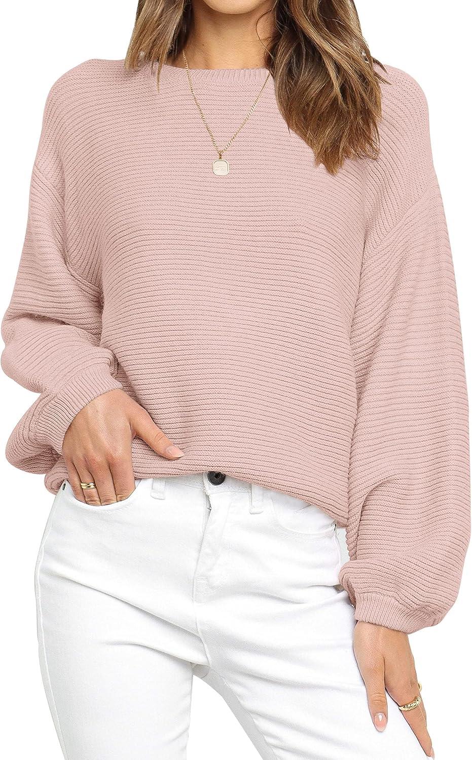 imageZESICA Womens Crew Neck Long Lantern Sleeve Fall 2026 Casual Loose Ribbed Knit Solid Soft Pullover Sweater TopsDustypink