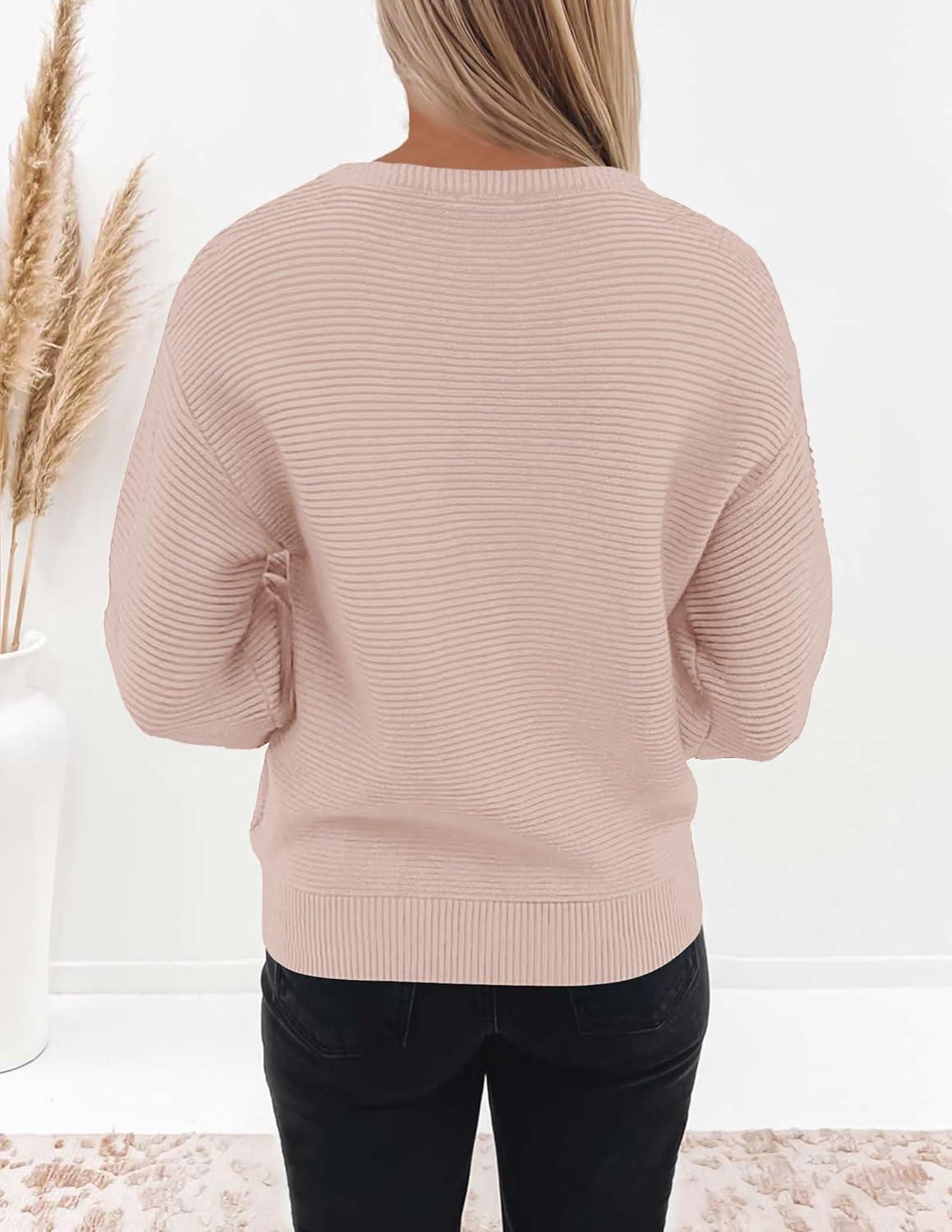 imageZESICA Womens Crew Neck Long Lantern Sleeve Fall 2026 Casual Loose Ribbed Knit Solid Soft Pullover Sweater TopsDustypink