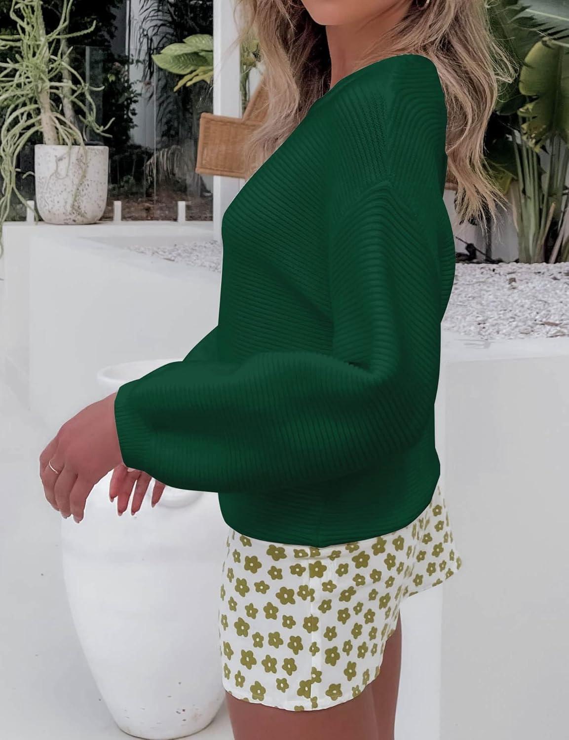 imageZESICA Womens Crew Neck Long Lantern Sleeve Fall 2026 Casual Loose Ribbed Knit Solid Soft Pullover Sweater TopsForestgreen