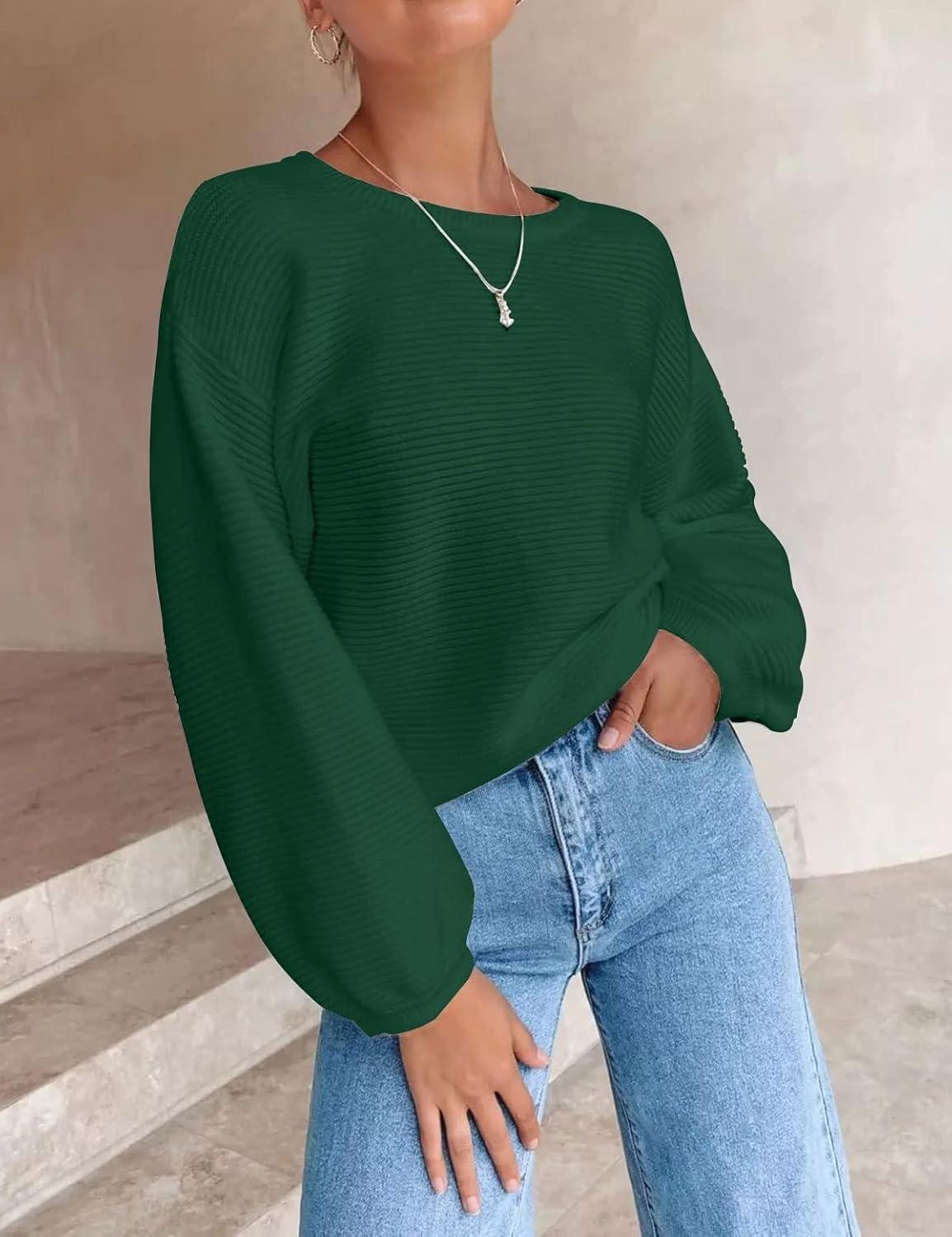 imageZESICA Womens Crew Neck Long Lantern Sleeve Fall 2026 Casual Loose Ribbed Knit Solid Soft Pullover Sweater TopsForestgreen