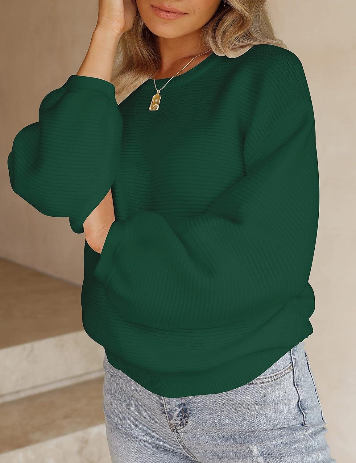 imageZESICA Womens Crew Neck Long Lantern Sleeve Fall 2026 Casual Loose Ribbed Knit Solid Soft Pullover Sweater TopsForestgreen